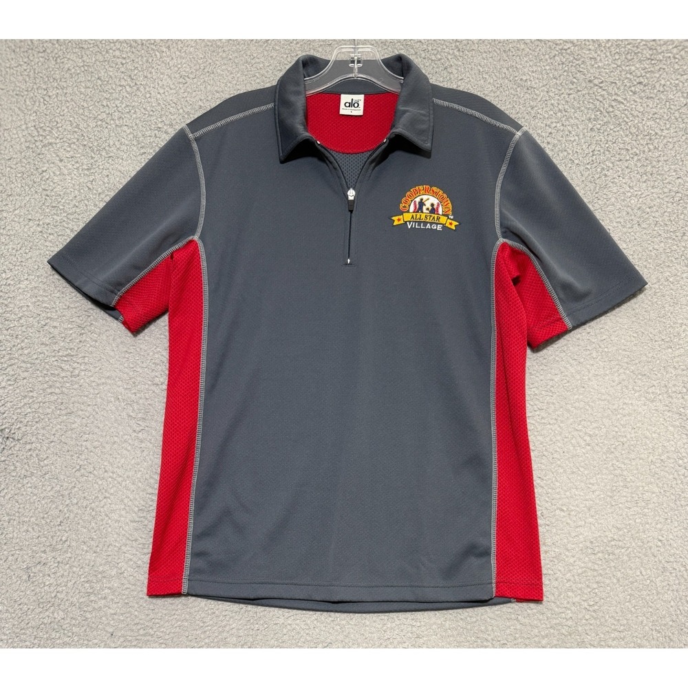 ALO Yoga Cool Fit polo shirt Mens Small Cooperstown Baseball logo Gray Red